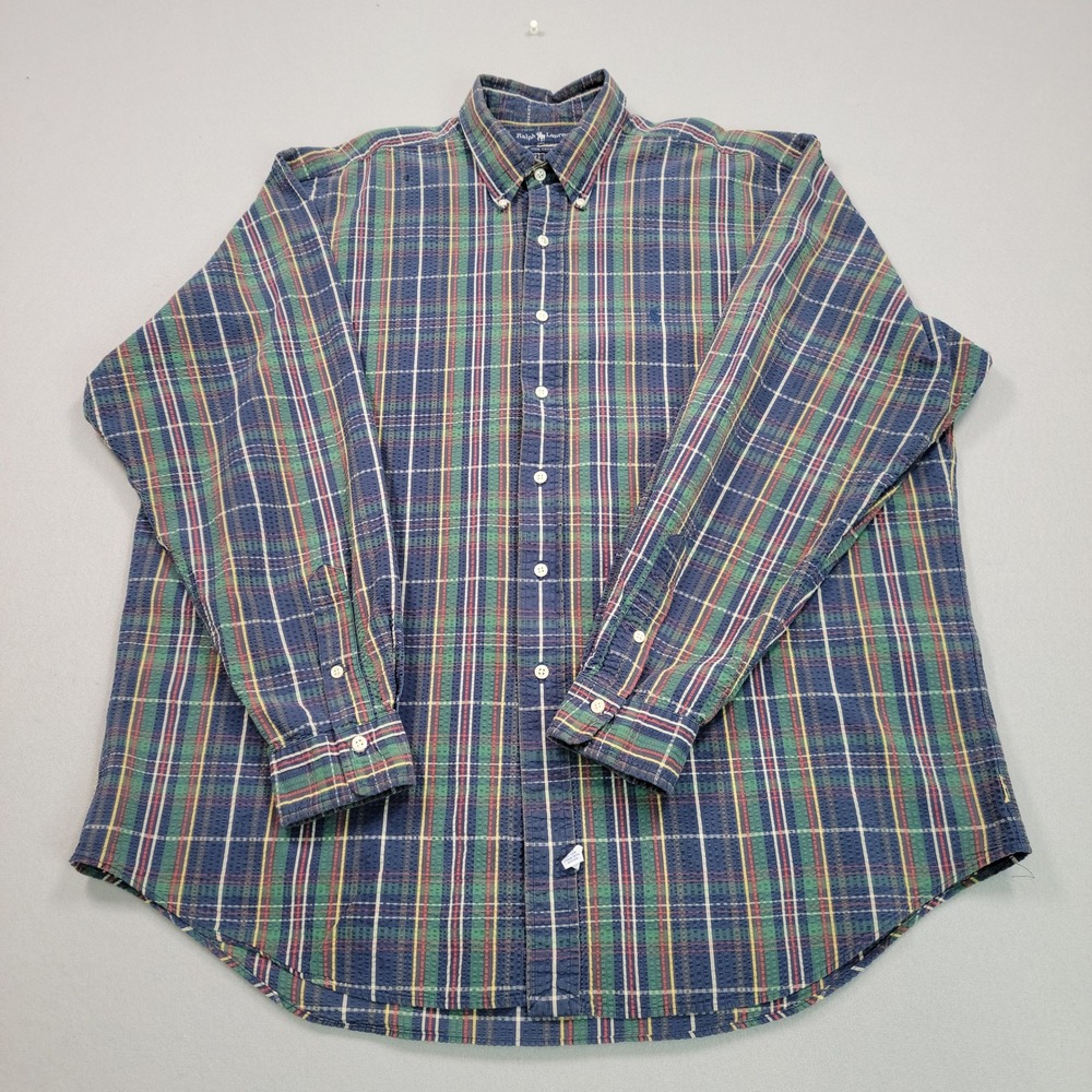 Ralph Lauren Mens XL Plaid Seersucker Button Down Shirt Green Blue Long Sleeve